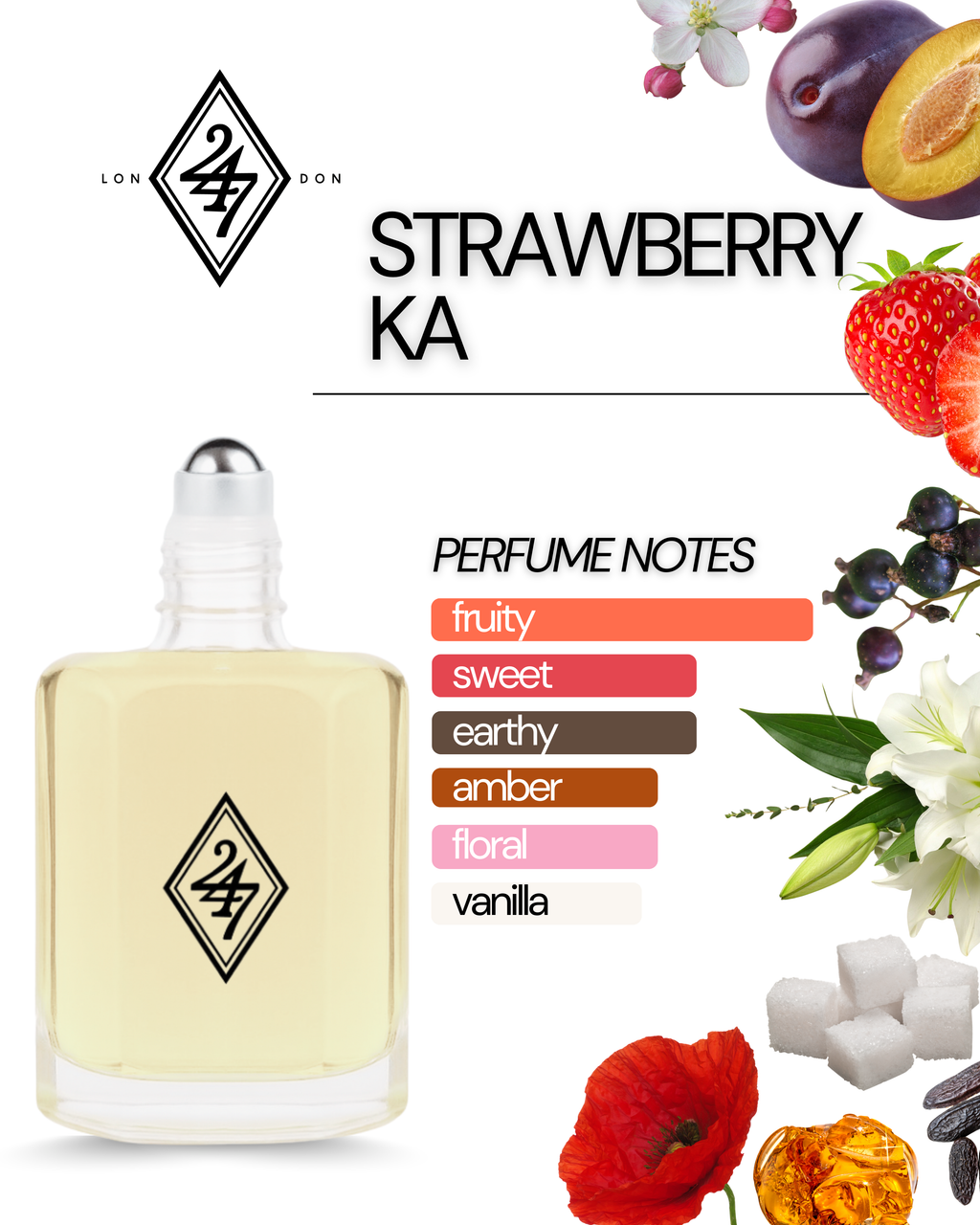 Strawberry Ka Fragrance Oil – Available in 3ml, 6ml, 12ml & 24ml. A fruity-floral oil with strawberry, plum, amber & tonka bean. Sweet & long-lasting.