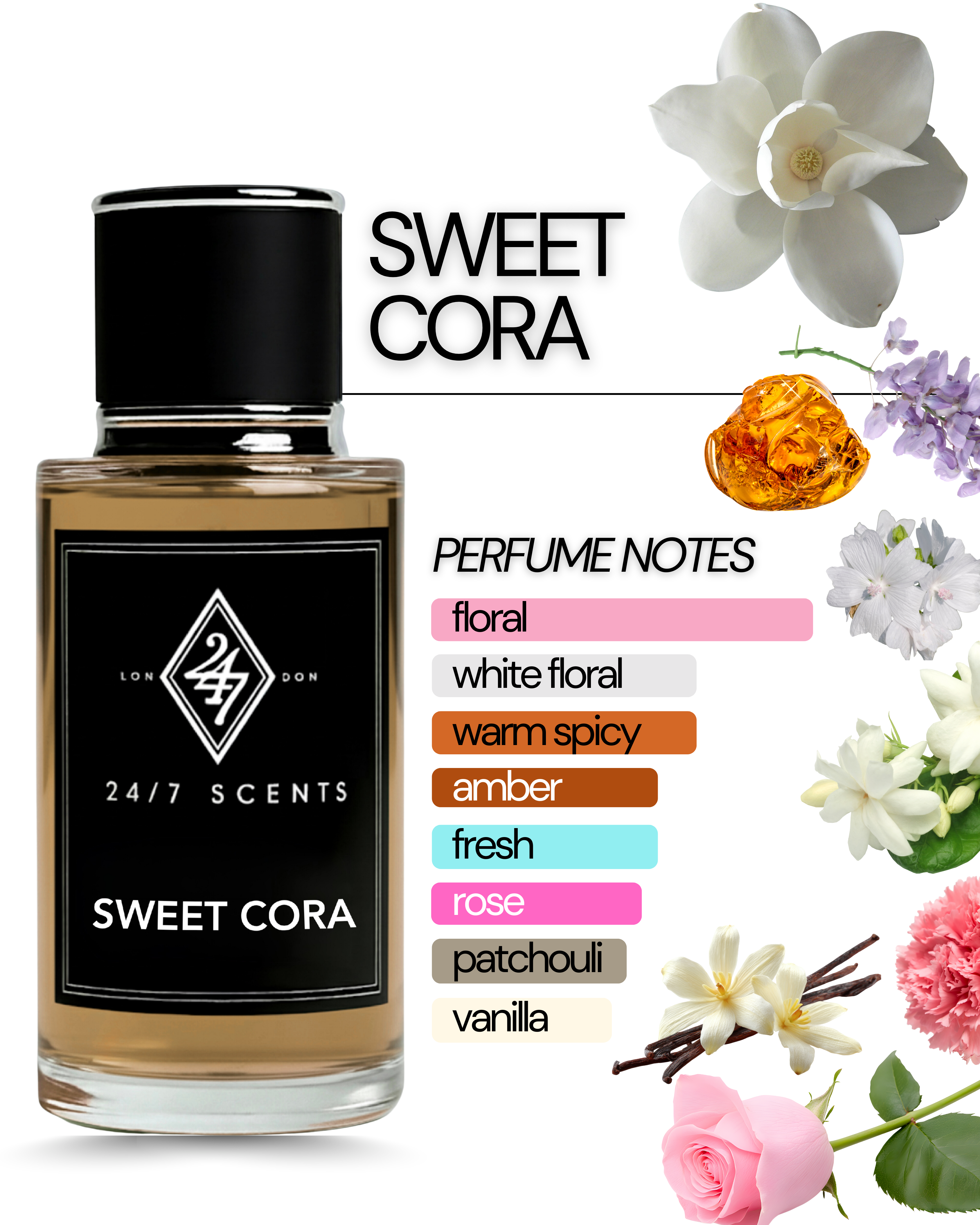 Sweet Cora Eau de Parfum (50ml). A luxurious floral fragrance with rose, jasmine, vanilla, and amber. Elegant, long-lasting, and refined.
