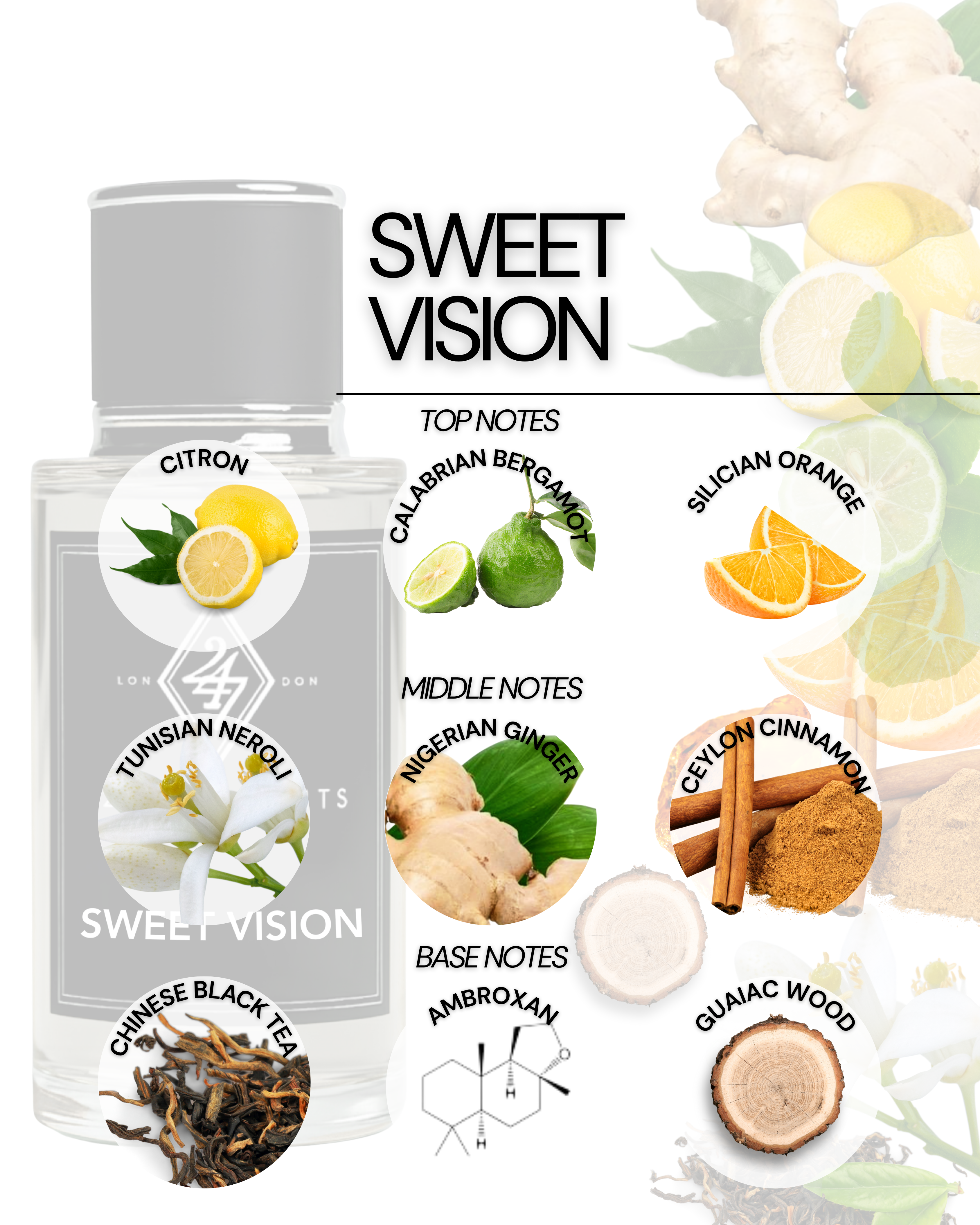 Bright, energetic, and sophisticated — Sweet Vision Eau de Parfum is a fragrance that redefines freshness with depth and character. It begins with a sparkling citrus trio of citron, Calabrian bergamot, and Sicilian orange, creating an uplifting and invigorating opening. A sophisticated base of tea, ambroxan, and guaiac wood • Perfect for day-to-night wear, travel, and signature style.