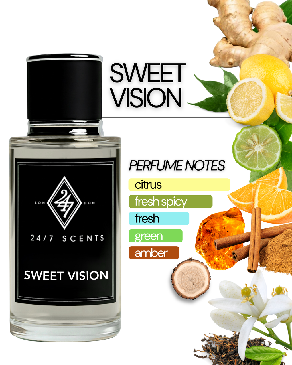 Bright, energetic, and sophisticated — Sweet Vision Eau de Parfum is a fragrance that redefines freshness with depth and character. It begins with a sparkling citrus trio of citron, Calabrian bergamot, and Sicilian orange, creating an uplifting and invigorating opening. A sophisticated base of tea, ambroxan, and guaiac wood • Perfect for day-to-night wear, travel, and signature style.