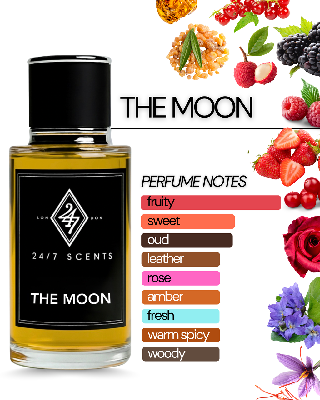 The Moon Eau de Parfum (50ml). A luxurious blend of berries, rose, oud & amber. Elegant, bold & long-lasting unisex fragrance.