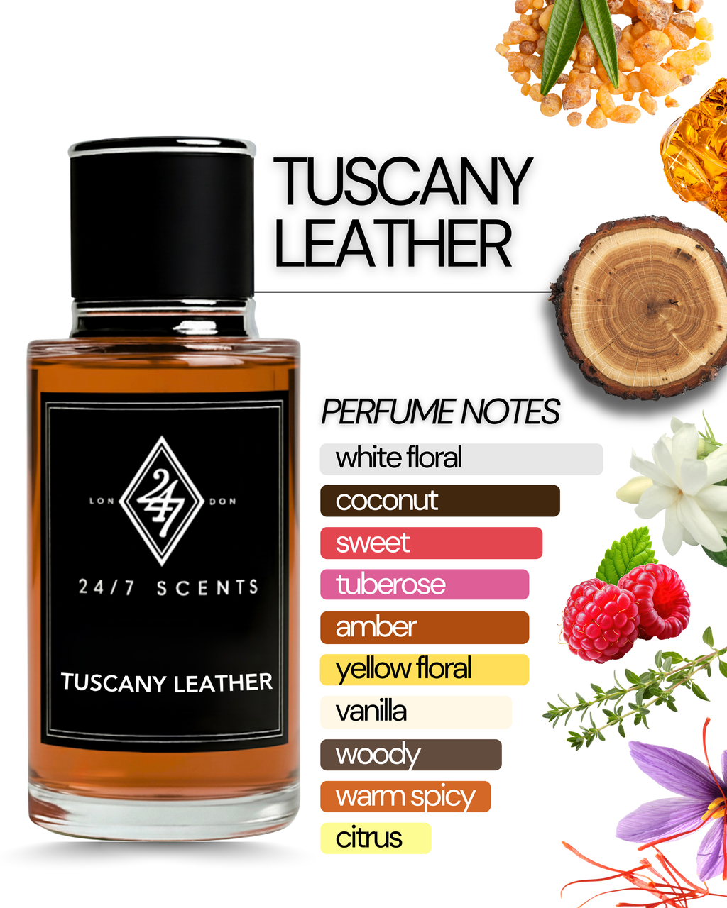 Tuscany Leather Eau de Parfum (50ml). A bold leather fragrance with saffron, raspberry, amber, and suede. Powerful, refined, and long-lasting.