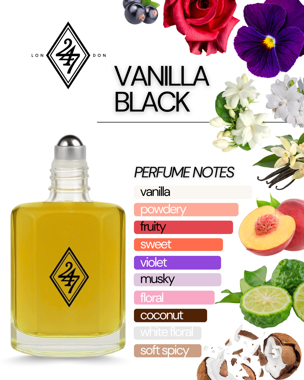 Vanilla Black Fragrance Oil – Available in 3ml, 6ml, 12ml & 24ml. Fruity, floral, and creamy vanilla blend. Luxurious, unisex, and long-lasting.