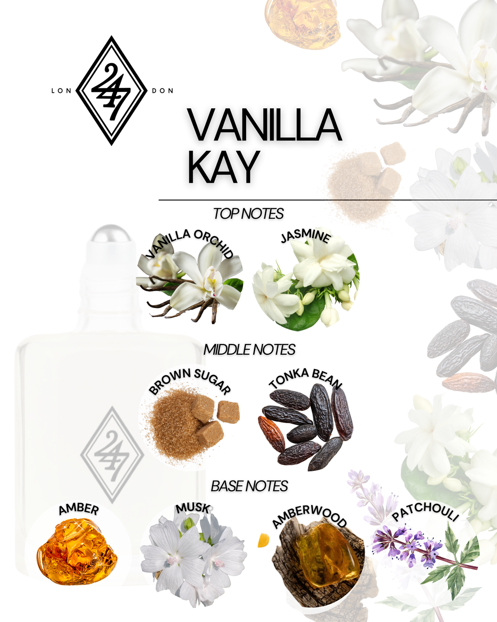 Vanilla Kay Perfume Oil – Alcohol-free, long-lasting fragrance oil with vanilla orchid, jasmine, brown sugar & tonka bean, finished with amber, musk, amberwood & patchouli. Available in 3ml, 6ml, 12ml & 24ml sizes.