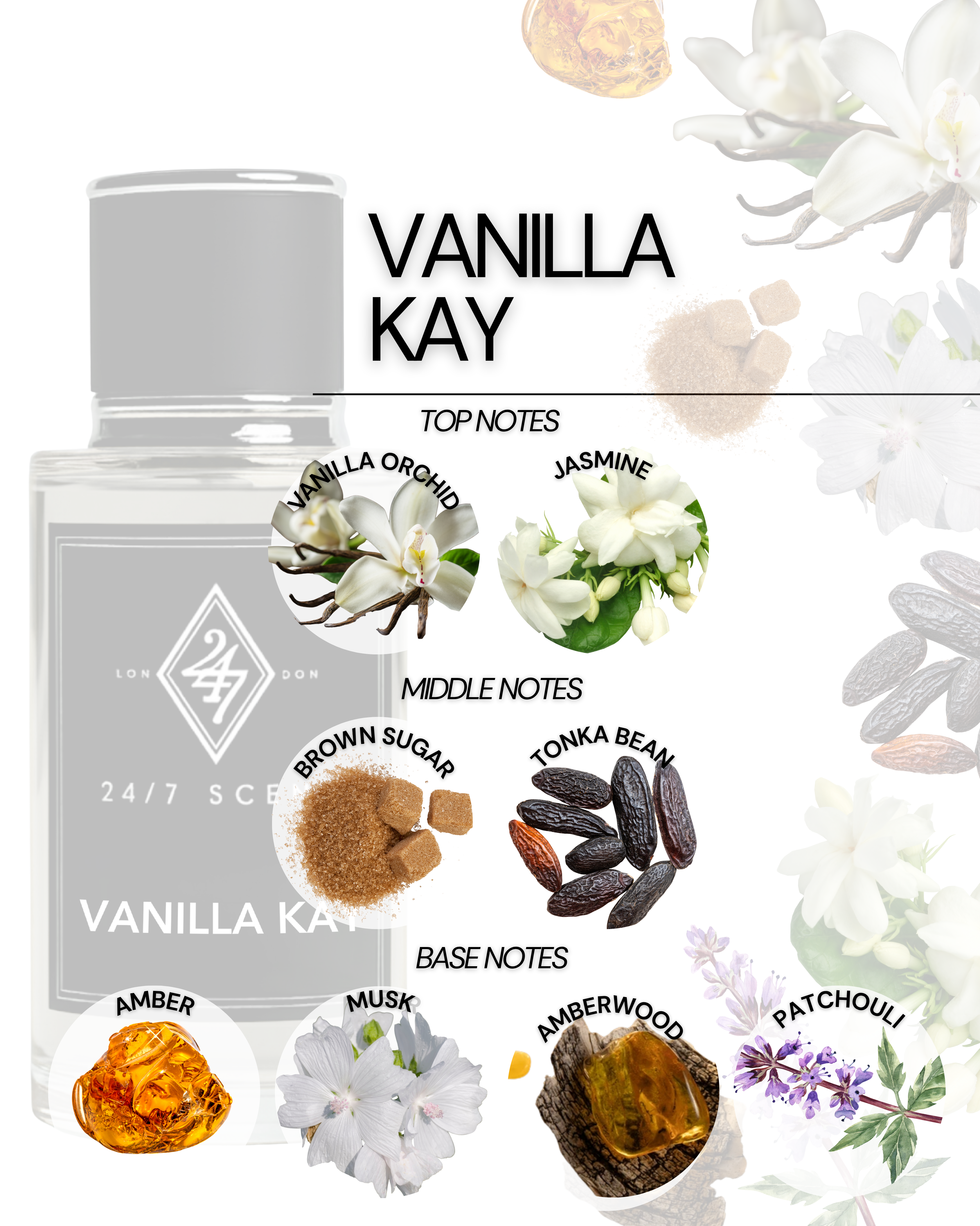 Vanilla Kay Eau de Parfum 50ml – A sweet unisex fragrance with vanilla orchid, jasmine, brown sugar & tonka bean, finished with amber, musk, amberwood & patchouli. Addictive & long-lasting.