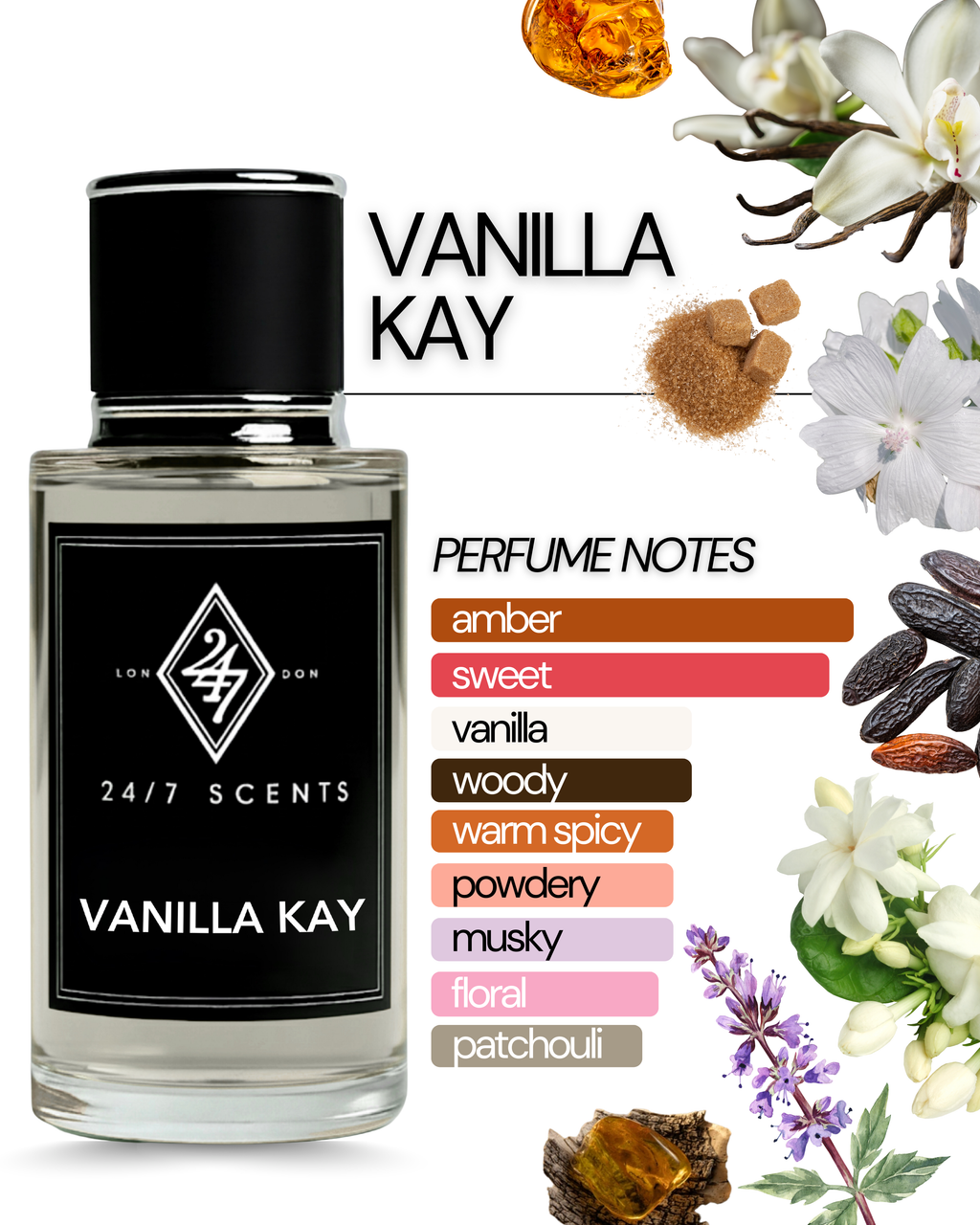 Vanilla Kay Eau de Parfum 50ml – A sweet unisex fragrance with vanilla orchid, jasmine, brown sugar & tonka bean, finished with amber, musk, amberwood & patchouli. Addictive & long-lasting.