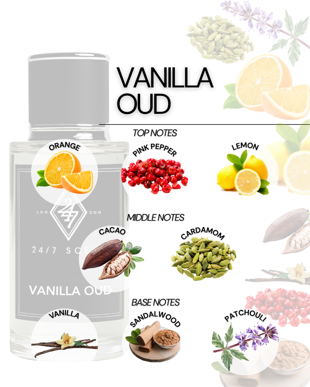 Vanilla Oud Eau de Parfum 50ml – A warm unisex fragrance with orange, pink pepper & lemon top notes, cacao & cardamom heart, and a smooth vanilla, sandalwood & patchouli base. Elegant & long-lasting.