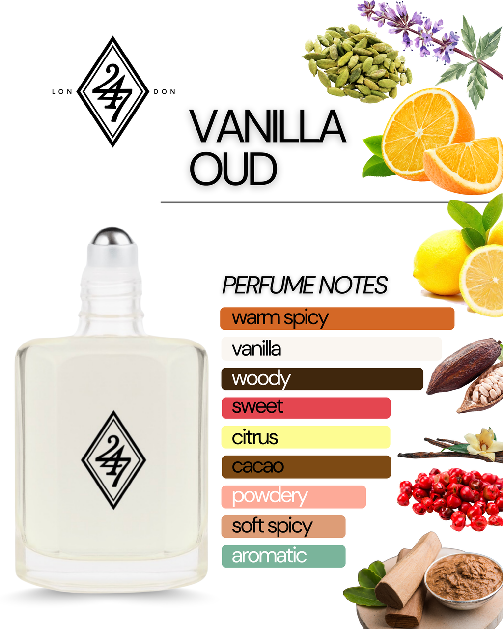 Vanilla Oud Perfume Oil – Alcohol-free fragrance oil with orange, pink pepper & lemon top notes, cacao & cardamom heart, and a smooth vanilla, sandalwood & patchouli base. Long-lasting & available in 3ml, 6ml, 12ml & 24ml.