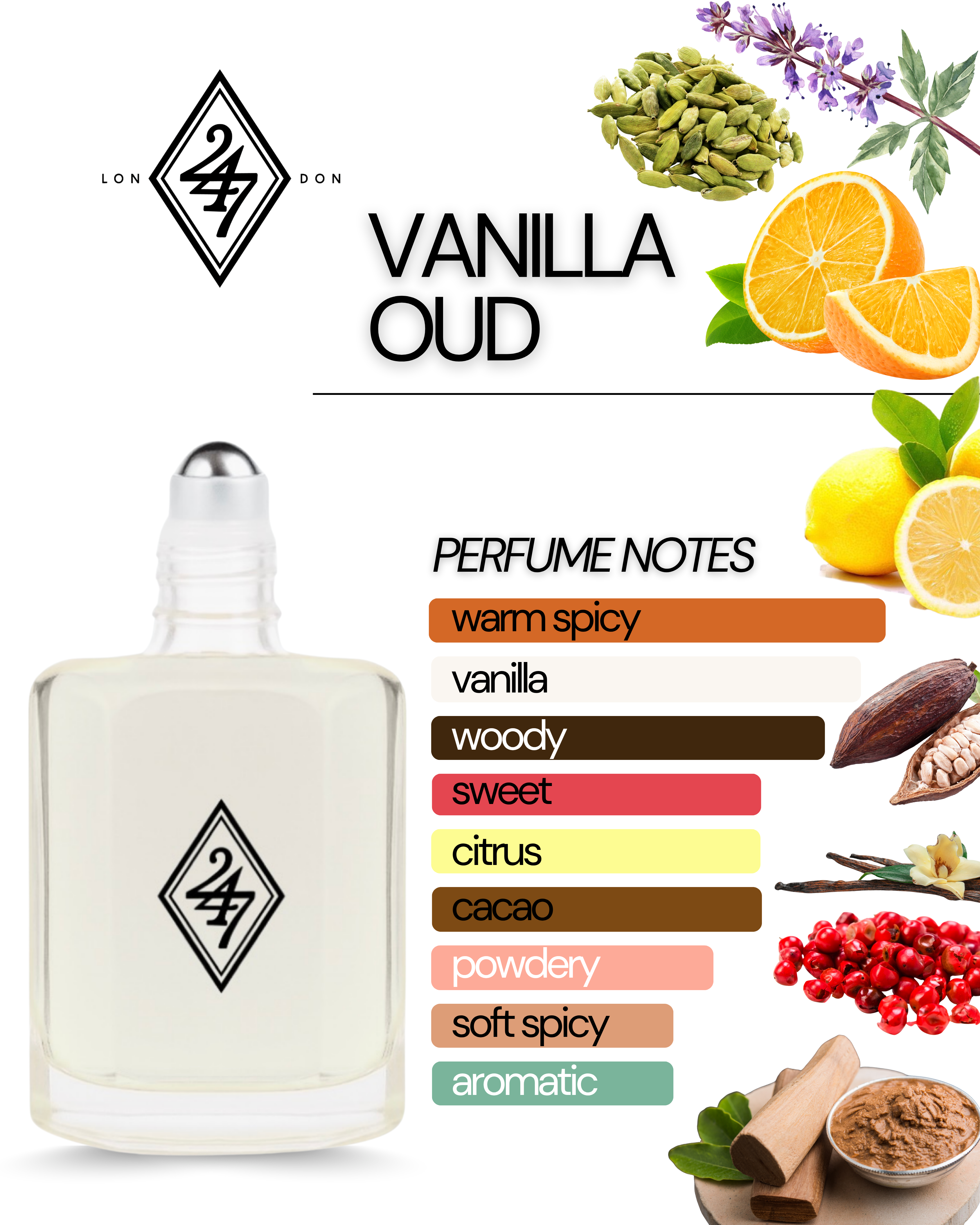 Vanilla Oud Perfume Oil – Alcohol-free fragrance oil with orange, pink pepper & lemon top notes, cacao & cardamom heart, and a smooth vanilla, sandalwood & patchouli base. Long-lasting & available in 3ml, 6ml, 12ml & 24ml.