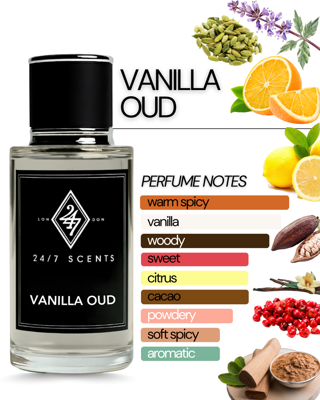 Vanilla Oud Eau de Parfum 50ml – A warm unisex fragrance with orange, pink pepper & lemon top notes, cacao & cardamom heart, and a smooth vanilla, sandalwood & patchouli base. Elegant & long-lasting.