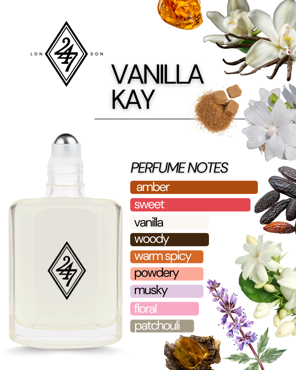 Vanilla Kay Perfume Oil – Alcohol-free, long-lasting fragrance oil with vanilla orchid, jasmine, brown sugar & tonka bean, finished with amber, musk, amberwood & patchouli. Available in 3ml, 6ml, 12ml & 24ml sizes.