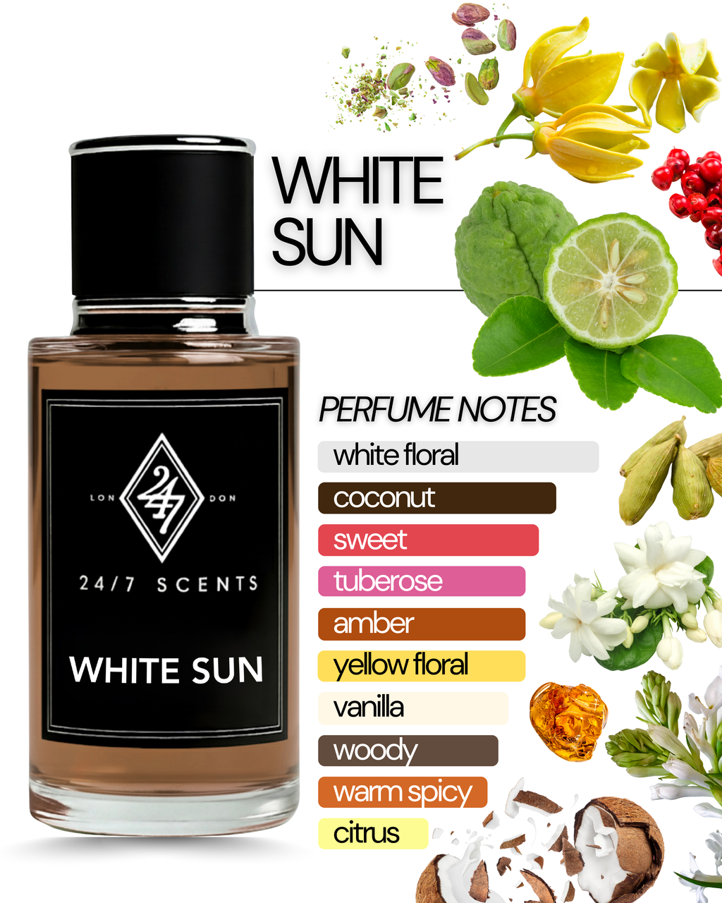 White Sun Eau de Parfum (50ml). A radiant fragrance with bergamot, jasmine, coconut, and amber. Exotic, elegant, and long-lasting.