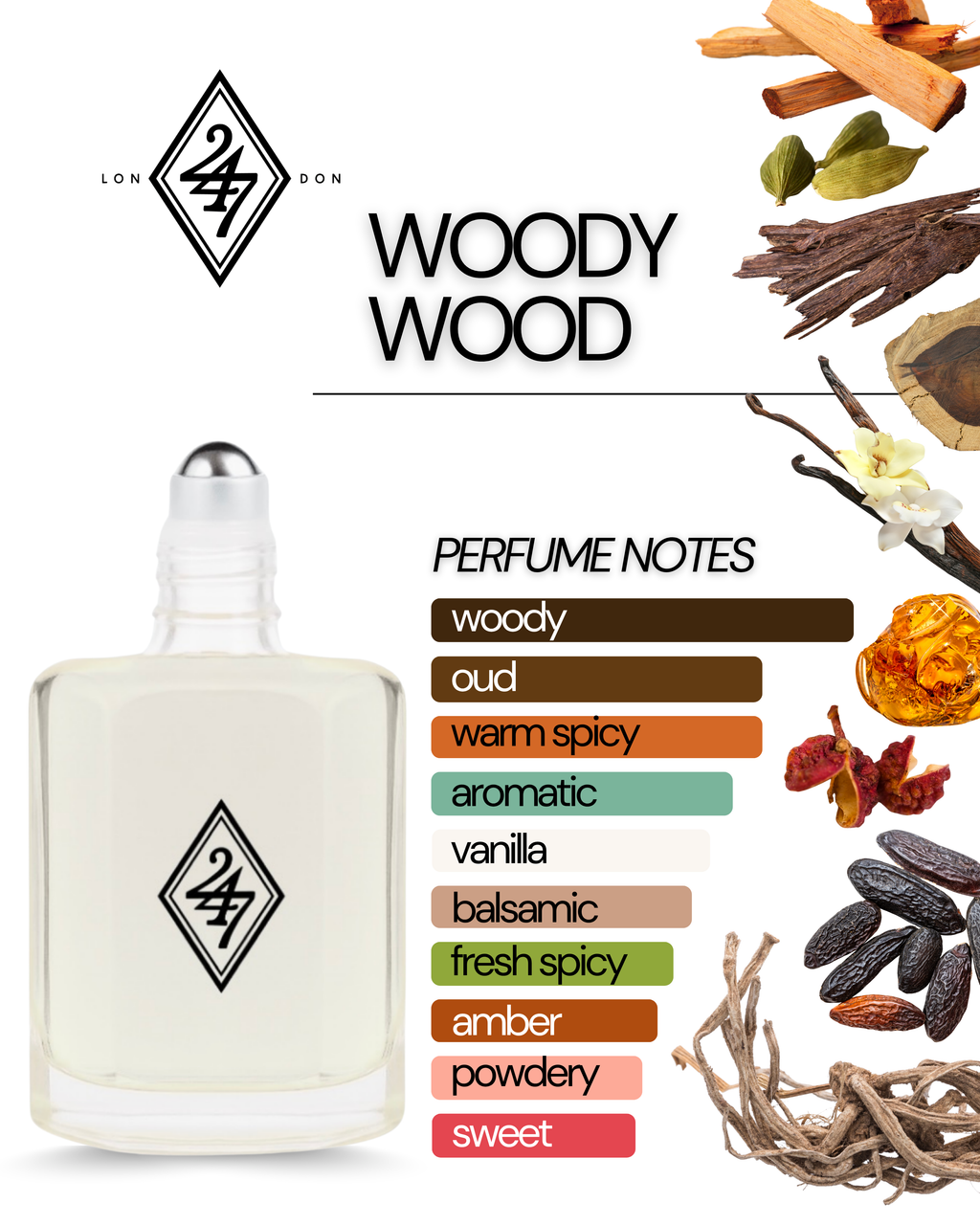 Woody Wood Perfume Oil – Alcohol-free, long-lasting fragrance oil with agarwood, Brazilian rosewood, cardamom, sandalwood, vanilla, tonka bean, amber & vetiver. Available in 3ml, 6ml, 12ml & 24ml sizes.